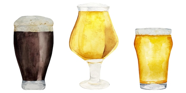 Vecteur verres à l'aquarelle de bière fraîche et de bière légère avec mousse et cidre isolés sur blanc