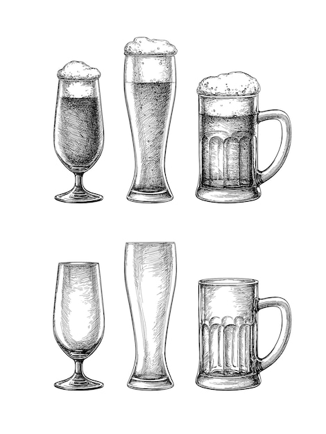 Verres à bière et chope. Dessin à l'encre de style vintage.