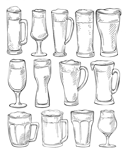 Verres à bière et chopes. Ensemble de croquis de verres à bière et de chopes à la main style encre dessiné. Ensemble d'objets de bière. Dessin à main levée