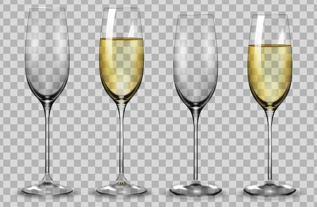 Verres à champagne blancs pleins et vides. Collection de verres à vin réalistes. Illustration vectorielle.