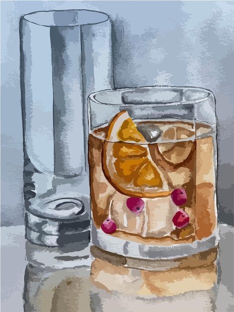 Vecteur verres d'illustration dessinés à la main de vecteur aquarelle avec boisson baies de citron glace