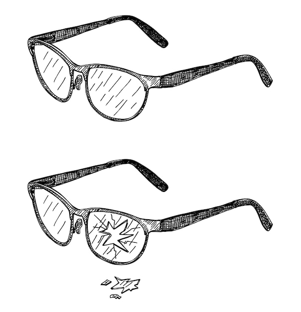 Vecteur verres et verres cassés. vieilles lunettes cassées. illustration vectorielle croquis. ensemble