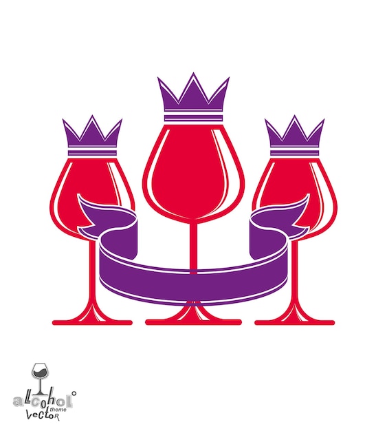 Verres à Vin De Luxe élégants Avec Couronne De Roi, Collection De Gobelets Vectoriels Artistiques Graphiques. Trois Verres Pleins D'illustration Vectorielle De Vin Rouge, Eps8.