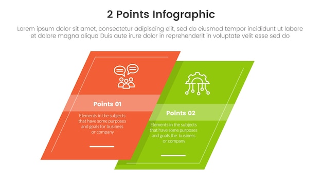 Vecteur versus ou comparer et comparer le concept de bannière de modèle infographique avec une forme carrée asymétrique avec un vecteur d'informations de liste à deux points