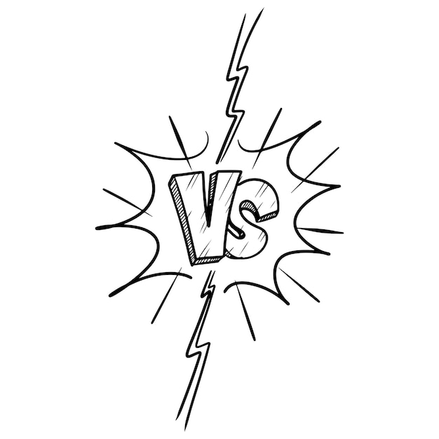 Vecteur versus ou vs letters logo design dans le style doodle. duel de combat comique avec bordure de rayon de foudre. illustration vectorielle.