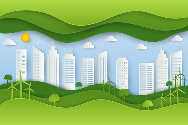Vert éco ville urbaine et nature paysage arrière-plan dans le style d'art papier Écologie et environnement.