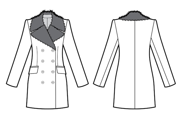 Veste D'hiver Avec Croquis De Col En Fourrure. Illustration Vectorielle En Noir Et Blanc