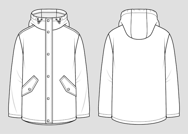 Vecteur veste imperméable à capuche pour homme. croquis de mode. dessin technique plat. illustration vectorielle.