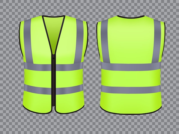 Veste de sécurité, sécurité isolée, vêtements de circulation et uniformes des travailleurs, maquette vectorielle réaliste. Gilet de sécurité avec bandes rétroréfléchissantes de couleur verte, garde de sécurité ou uniforme de protection individuelle