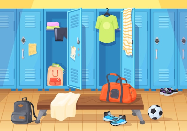 Vestiaire De L'école Vestiaire Universitaire Salles De Gym Dressing Stockage Football Ou équipe De Sport De Baseball Stade Dessin Animé Garde-robe Avec Banc Pour Changement Uniforme Illustration Vectorielle Soignée