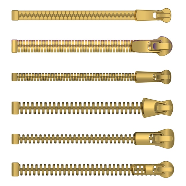 Vecteur vêtements 3d détaillés réalistes set de fermeture éclair en métal jaune isolé sur fond blanc positions fermées à fermetures éclair illustration vectorielle de fermetures à glissière