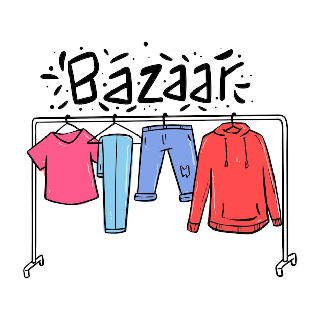 Vecteur vêtements de bazar avec style de dessin à la main croquis colorés de vêtements dans le concept de bazar