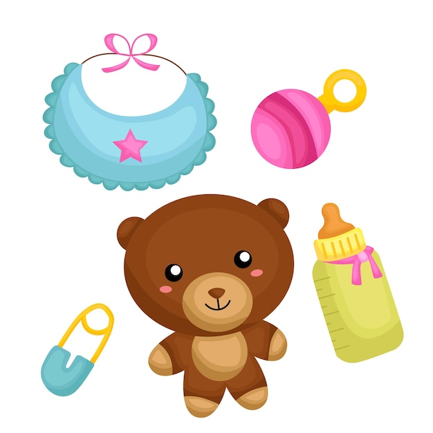 Des vêtements de bébé colorés, des vêtements de mode, des objets, des illustrations de dessins animés, des autocollants vectoriels, des cliparts, des décorations.