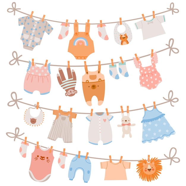 Vêtements De Bébé Sur Corde. Vêtements Pour Nouveau-nés, Chaussettes, Robe Et Jouets Suspendus à Une Corde à Linge. Séchage De Linge Pour Enfants Sur Un Ensemble De Vecteurs De Pince à Linge. Illustration Des Vêtements Pour Bébés Accrochés à La Corde, Au Vêtement Et à L'usure