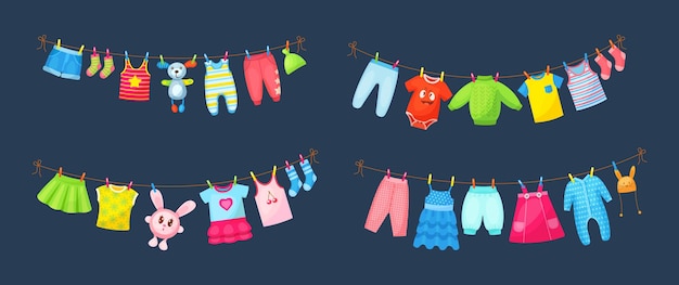 Vêtements De Bébé Suspendus à Une Corde à Linge, Séchage Des Vêtements Et Accessoires Pour Enfants Après Le Lavage Sur Corde