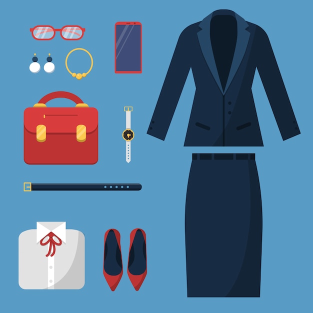 Vêtements De Femme D'affaires. Mode Femme Bureau Style Décontracté Garde-robe Jupe Veste Costume Chapeau Sac Montre Articles D'affaires Vue De Dessus