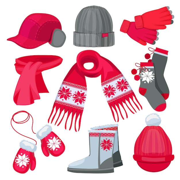 Vecteur vêtements d'hiver. chapeau casquette écharpe mitaines fourrure vêtements de mode de noël isolé sur blanc collection