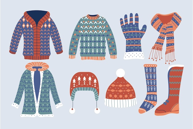 Vêtements D'hiver Marron Et Bleu Dessinés à La Main