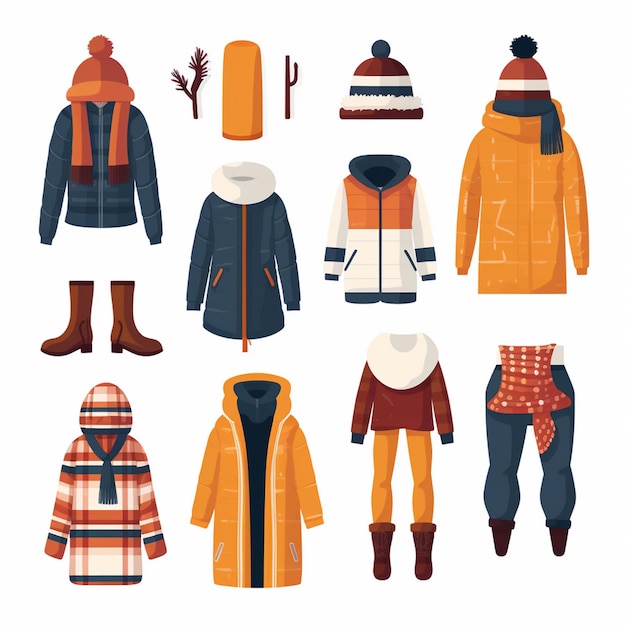 Vecteur vêtements d'hiver style mode vêtements d'automne isolé fille pull foulard veste à chaud