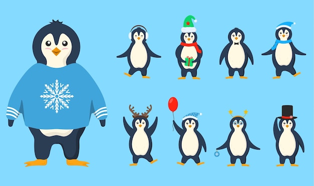 Vêtements de pingouins dans des petits personnages de dessins animés plats et mignons, ensemble d'animaux d'oiseaux antarctiques d'hiver froid