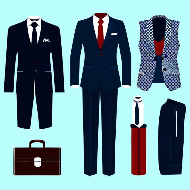 Vecteur vêtements de style d'affaires gadgets pour les gens d'affaires patron chaussettes costumes chemise pantalon ceinture portefeuille