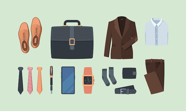 Vêtements de style affaires. Gadgets pour patron de gens d'affaires, chaussettes costumes chemise pantalon ceinture porte-documents portefeuille montre téléphone cravate images vectorielles criardes. Illustration smartphone et chemise, montre et pantalon