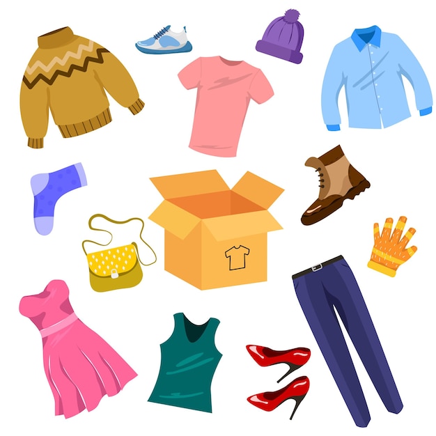 Vecteur vêtements usagés pour le don ou le recyclage des illustrations