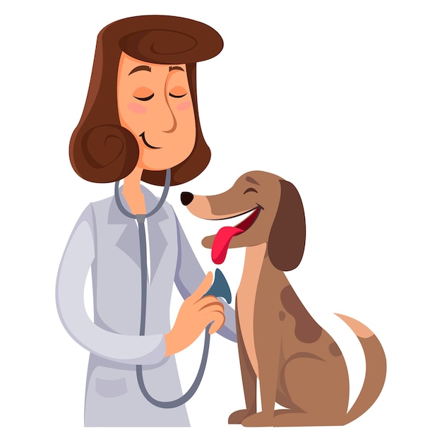 Un Vétérinaire écoute Un Chien Avec Un Stéthoscope. Clinique De Logo Pour Animaux. Dans L'amusement De Style De Bande Dessinée