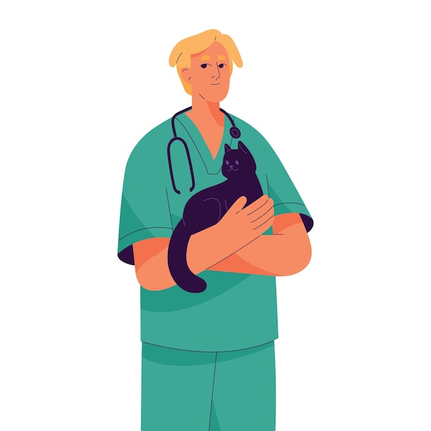 Vétérinaire professionnel tient un mignon chat noir Vétérinaire s'intéresse à la santé des animaux de compagnie Service hospitalier vétérinaire Illustration de vecteur isolé plat sur fond blanc