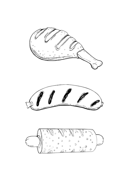 Viande Ensemble Saucisses Dans La Pâte Saucisses Grillées Cuisse De Poulet Nourriture Doodle Coloriage De Dessin Animé Linéaire