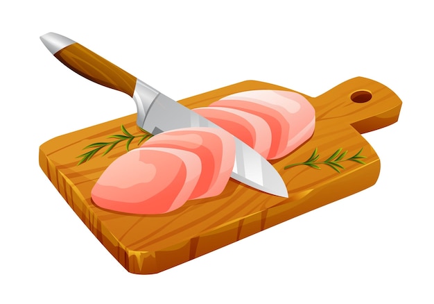 Vecteur viande fraîche tranchée crue avec un couteau sur la planche à couper illustration vectorielle isolée sur fond blanc