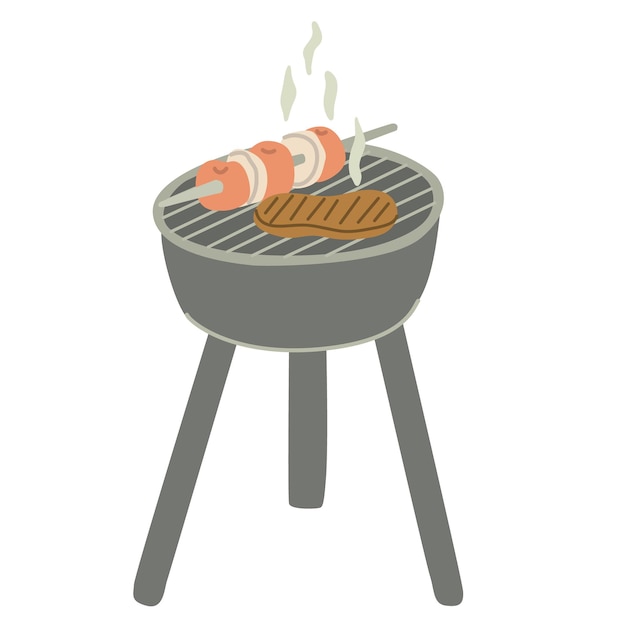 Viande grillée et légumes illustration dessinée à la main de l'équipement de camping et de barbecue