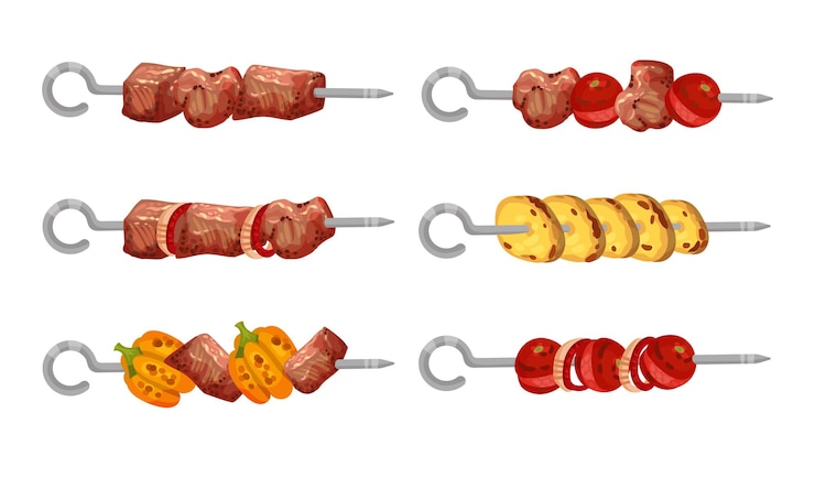 Vecteur la viande et les légumes épinglés sur des spits métalliques
