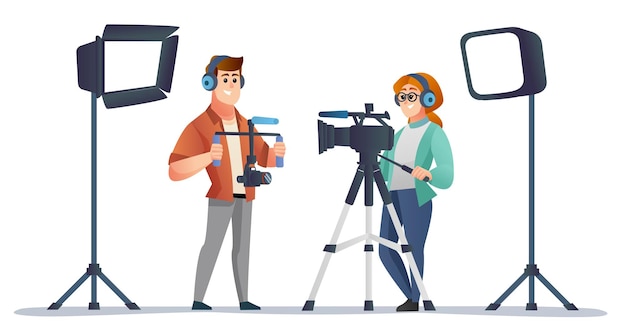 Vecteur vidéaste professionnel masculin et féminin avec équipement de vidéographie en illustration de studio