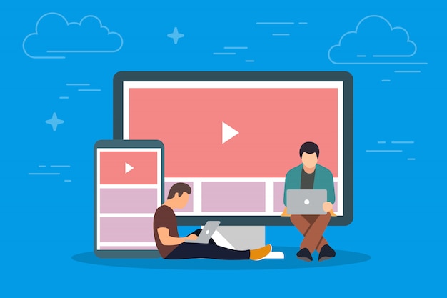 Vidéo sur l'illustration du concept d'appareil. Jeunes utilisant des gadgets mobiles tels que des tablettes et des smartphones pour visionner des vidéos sur Internet