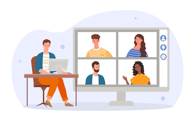 Vecteur la vidéoconférence à domicile est un concept dans lequel un homme s'assoit devant un ordinateur sur son lieu de travail et communique avec