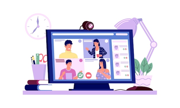 Vidéoconférence Ordinateur portable de dessin animé avec réunion d'affaires en ligne ou appel de groupe Ordinateur sur le bureau Service Web pour la communication collective Les gens travaillent à domicile illustration vectorielle