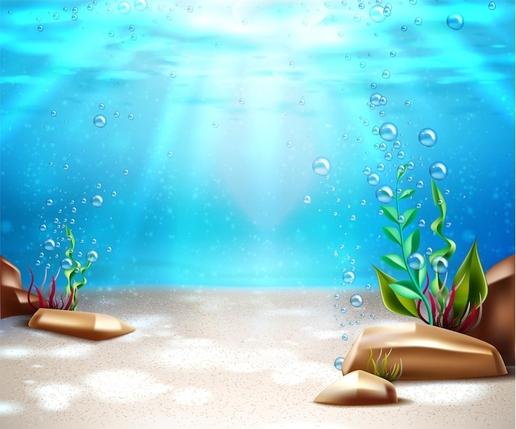 Vecteur la vie de fond de la nature sous-marine avec de l'eau bleue, des herbes marines, des bulles d'oxygène