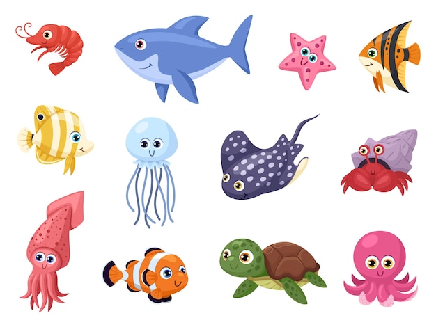 Vie marine Natation océan animal raie et requin Dessin animé mignon poulpe et tortue poisson d'aquarium drôle Jeu de caractères vectoriels criards marins