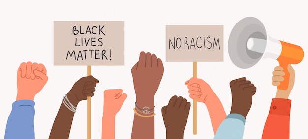 Vecteur la vie des noirs compte, une foule de manifestants tient des pancartes et lève les poings. affiche de protestation pas de racisme. illustration