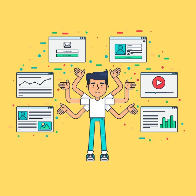 Vie Web du développeur, programmeur, administrateur système ou concepteur à partir de vidéo, blog, réseaux sociaux, achats en ligne et e-mail. Interface utilisateur graphique et formulaires et éléments de pages Web. Vecteur