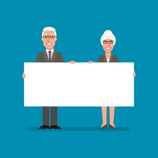 Un vieil homme d'affaires et une femme d'affaires tiennent du papier vierge. Hommes d'affaires. Illustration vectorielle.
