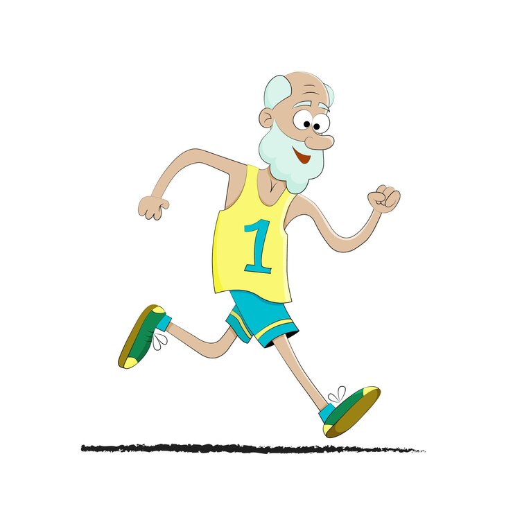 Vecteur vieil homme caricatural courant dans le parc le matin ou un marathon sportif.
