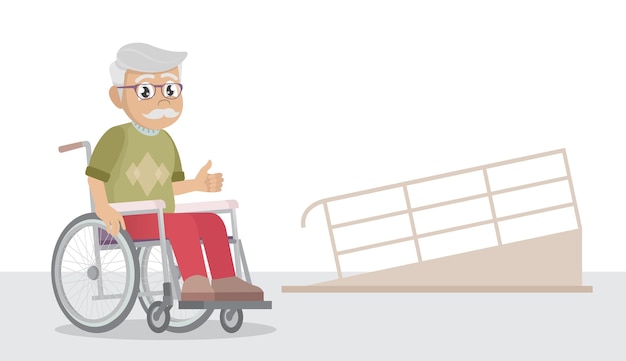 Vecteur vieil homme en fauteuil roulant et rampe