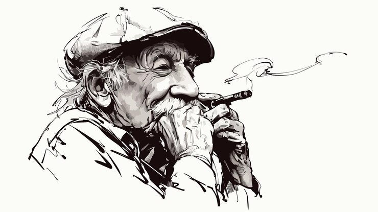 un vieil homme fumant une pipe avec un chapeau sur