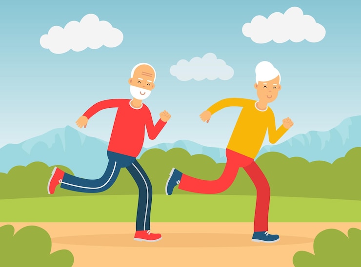 Vecteur un vieil homme et une vieille femme courent dans le parc en faisant une illustration vectorielle sportive