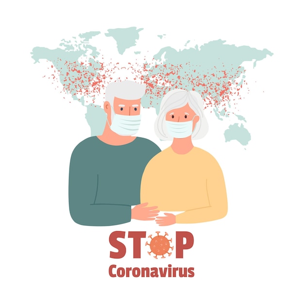 Un Vieil Homme Et Une Vieille Femme Portant Des Masques Médicaux Protecteurs Protègent Contre Le Virus. Quarantaine De Coronavirus, Concept De Virus Respiratoire. épidémie Ou Pandémie Virale Mondiale. Illustration Vectorielle