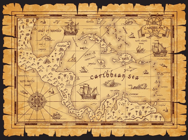 Vecteur une vieille carte antique de la mer des caraïbes