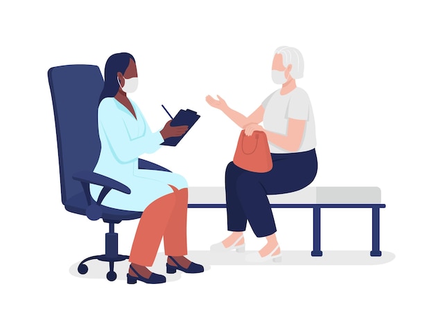 Vieille dame consultant des caractères vectoriels de couleur semi-plats avec un médecin. Les gens du corps entier sur blanc. Aller chez un médecin gériatrique a isolé une illustration de style dessin animé moderne pour la conception graphique et l'animation