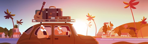 Vecteur vieille famille conduite en voiture en vacances hebdomadaires voyageurs seniors couple voyageant par concept de vieillesse actif coucher de soleil paysage marin fond illustration vectorielle horizontale